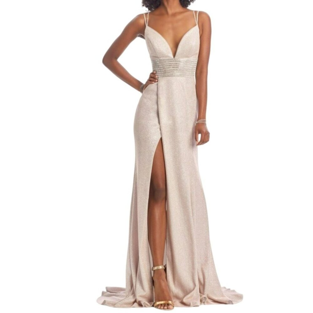 Clarisse V-Neck High Leg Slit Shimmer Gown Blush 8009 Size 2 NWT